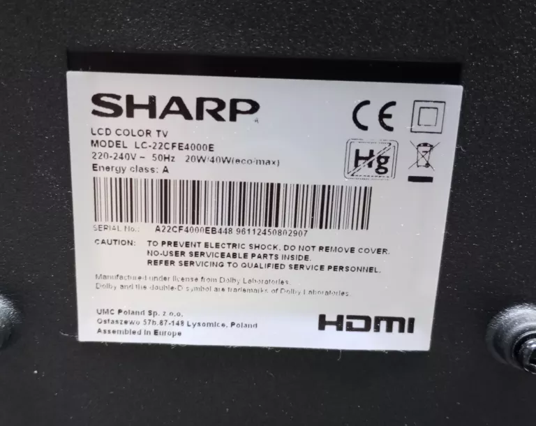 TELEWIZOR 22" LED FHD SHARP LC-22CFE4000E