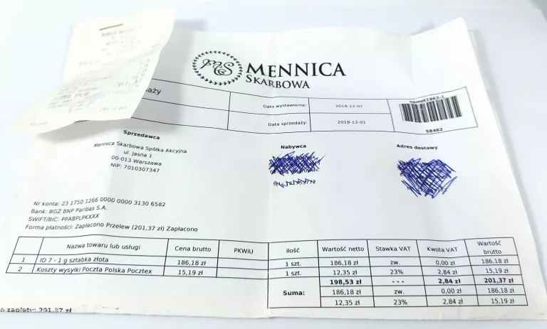 ZŁOTA SZTABKA UMICORE - 999.9 Z CERTYFIKATEM MENNICY SKARBOWEJ