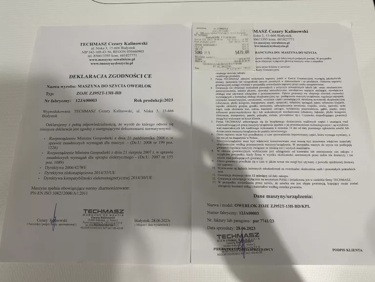 MASZYNA OWERLOK ZOJE ZJ952T-13H-BD GWARANCJA! DATA ZAKUPU 28.06.23