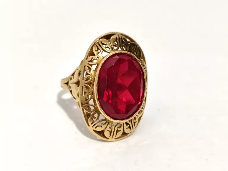 ELEGANCKI ZŁOTY PIERŚCIONEK Z DUŻYM RUBINEM |585| |R.16|