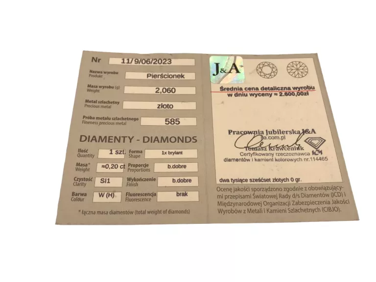 ZŁOTY PIERŚCIONEK PR.585 Z BRYLANTEM 0,20CT R13