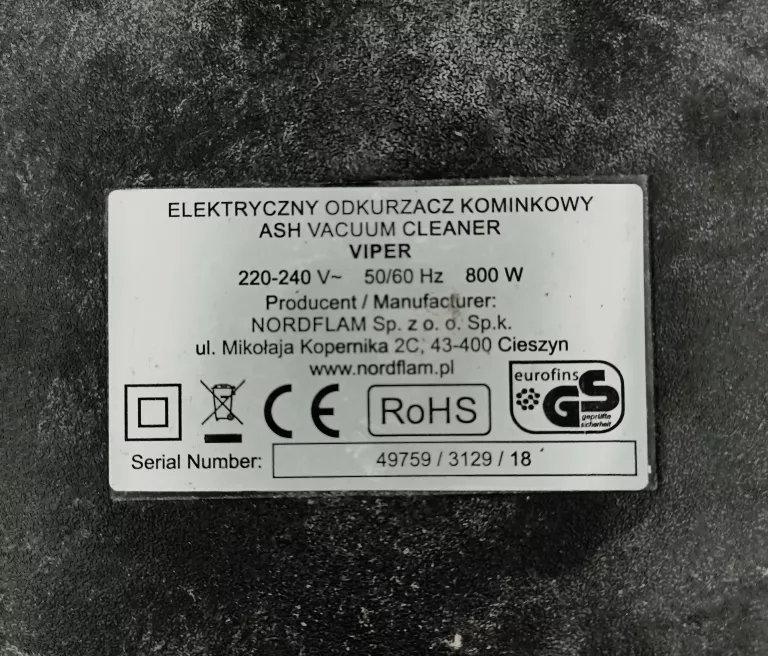 ODKURZACZ KOMINKOWY VIPER 800W PUDEŁKO