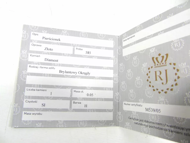 ZARĘCZYNOWY ZŁOTY PIERŚCIONEK PR.585 R.13 DIAMENT