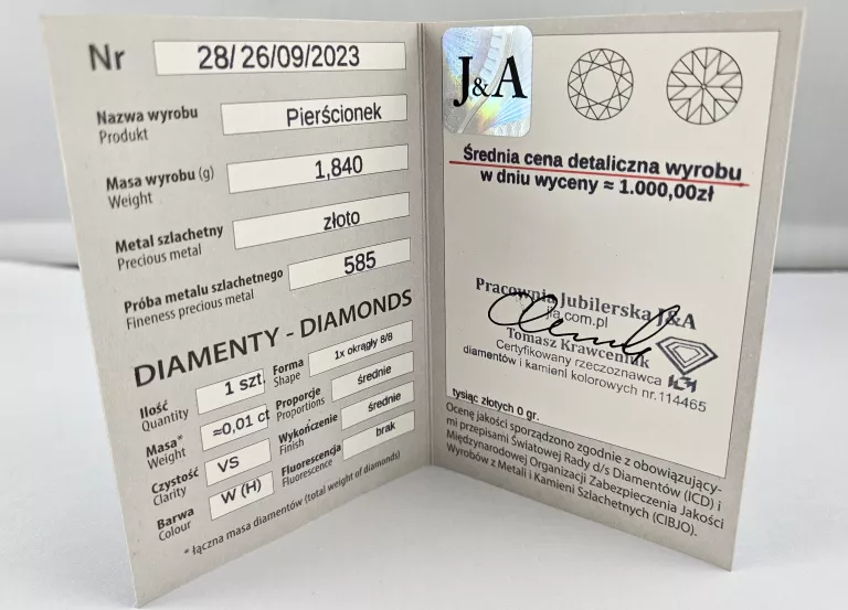 ZŁOTY PIERŚCIONEK 1,84G 585 DIAMENT CERTYFIKAT