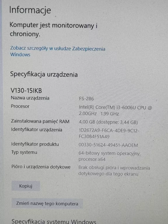 LENOVO V130-15IKB I3 6GEN / 4GB / 500 HDD HASŁO DO WINDOWS!