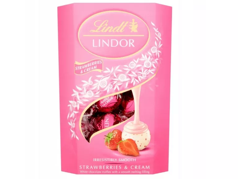 LINDT LINDOR PRALINY CZEKOLADKI PRALINKI TRUSKAWKOWE BIAŁE TRUSKAWKA 200G