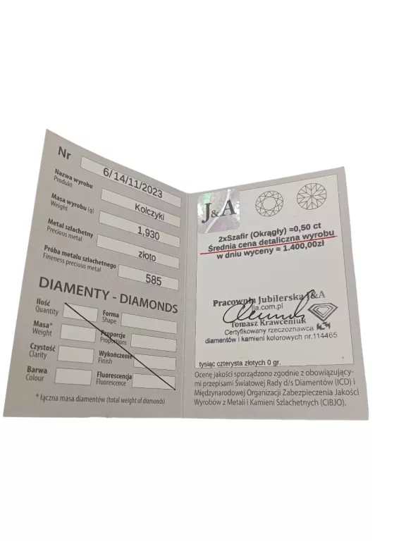 !!OKAZJA!! KOLCZYKI SZTYFTY BIAŁE ZŁOTO SZAFIR 585 2,19G
