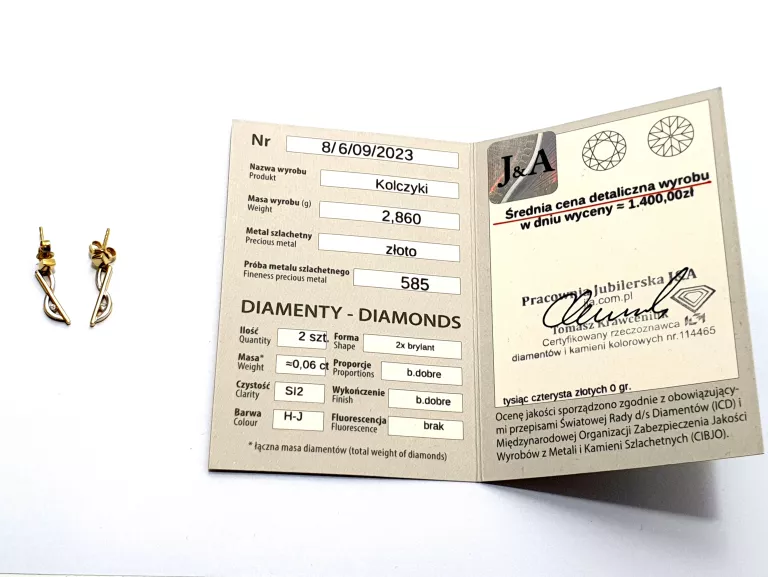 ZŁOTE KOLCZYKI Z BRYLANTAMI 2X0,8CM PR585 2,86G
