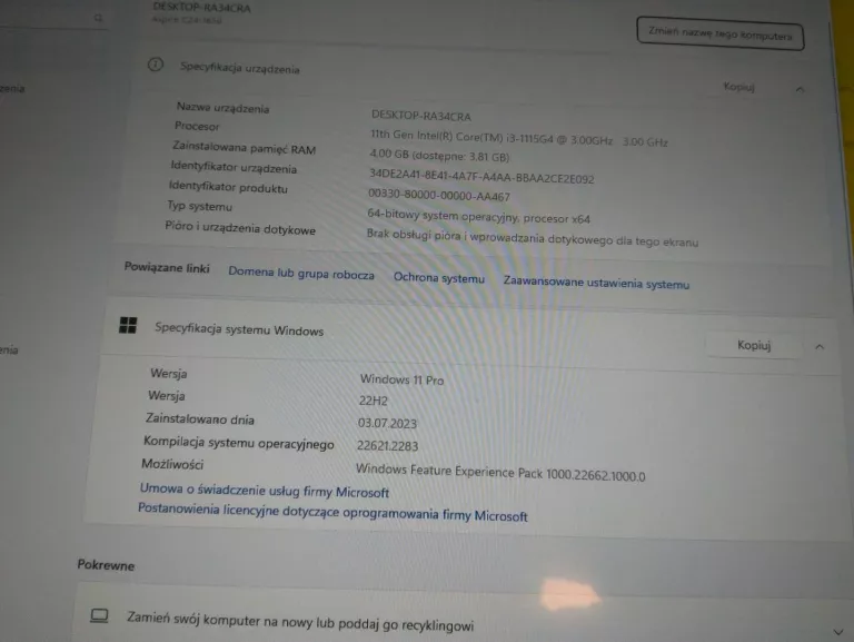 KOMPUTER ACER C24-1650 I3 3GHZ 256/4 GB 24"