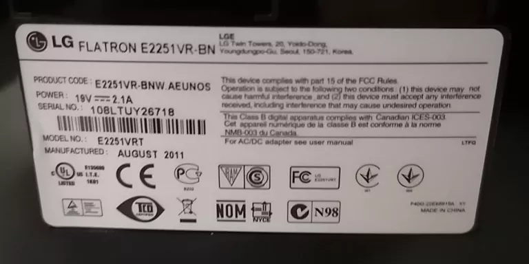 MONITOR LG FLATRON E2251VR-BN