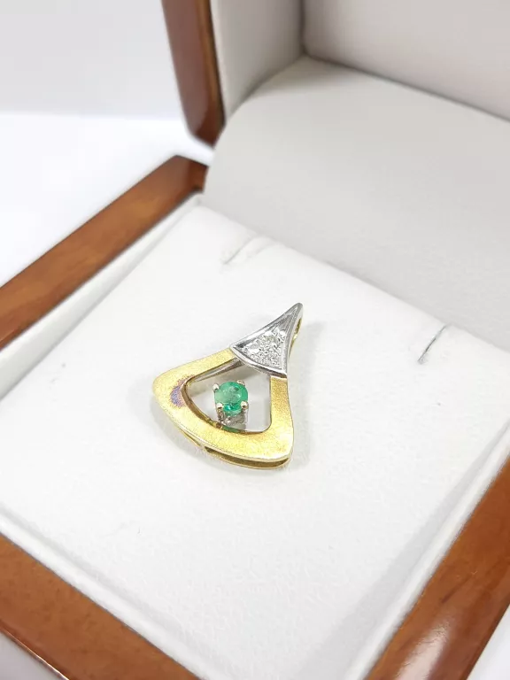 ZŁOTA ZAWIESZKA 585 ZE SZMARAGDEM 0,12CT I BRYLANTAMI 0,03CT CERTYFIKAT