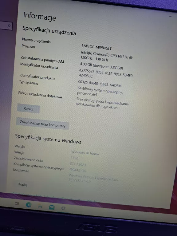 LAPTOP ASUS X543N 4GB/256GB SSD/CELERON/WIN10