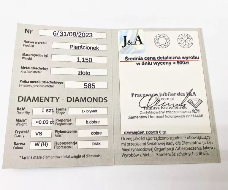 DELIKATNY ZŁOTY PIERŚCIONEK Z DIAMENTEM