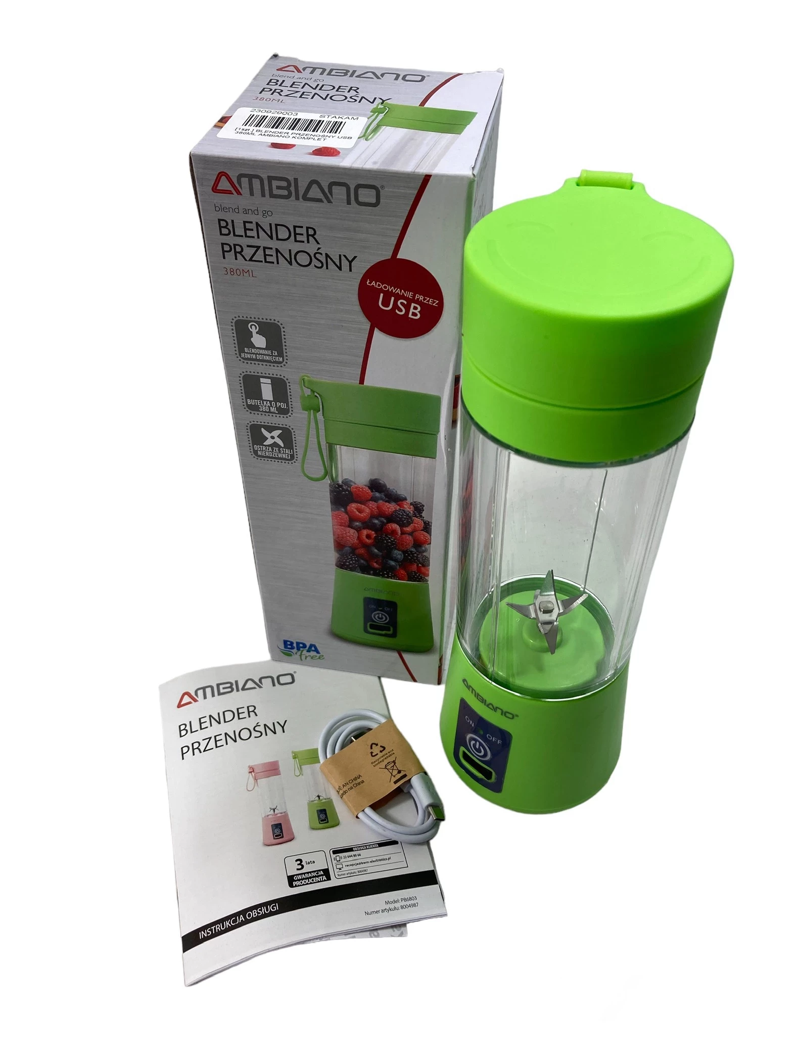 BLENDER PRZENOŚNY USB 380ML AMBIANO KOMPLET PUD Blendery kielichowe