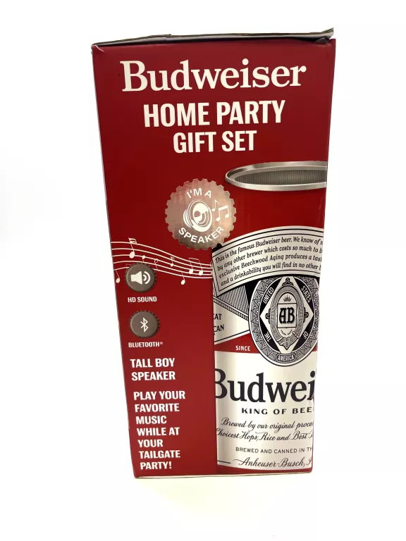 GŁOŚNIK BLUETOOTH BUDWEISER W PUSZCE W ZESTAWIE KARTY I 2 SZKLANKI