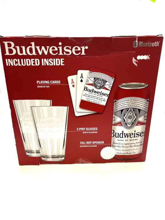 GŁOŚNIK BLUETOOTH BUDWEISER W PUSZCE W ZESTAWIE KARTY I 2 SZKLANKI