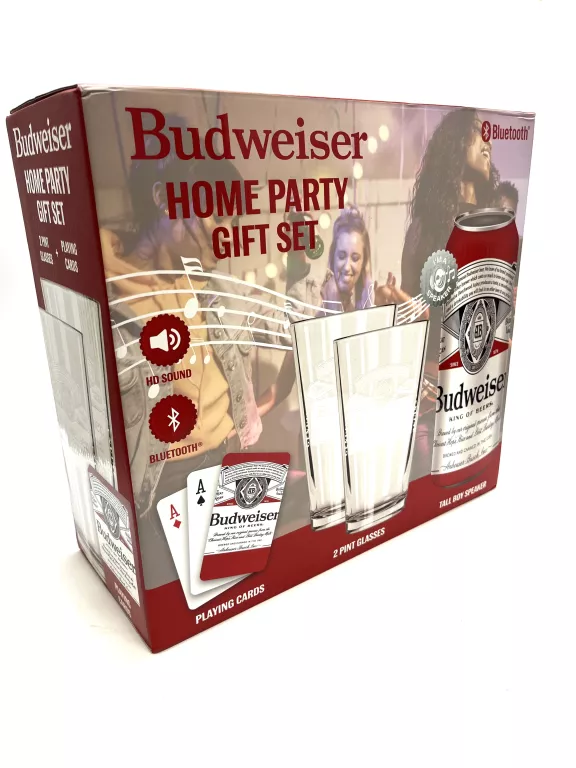 GŁOŚNIK BLUETOOTH BUDWEISER W PUSZCE W ZESTAWIE KARTY I 2 SZKLANKI