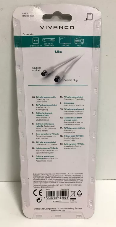 KABEL ANTENA VIVIANCO 1,5M IGŁA!