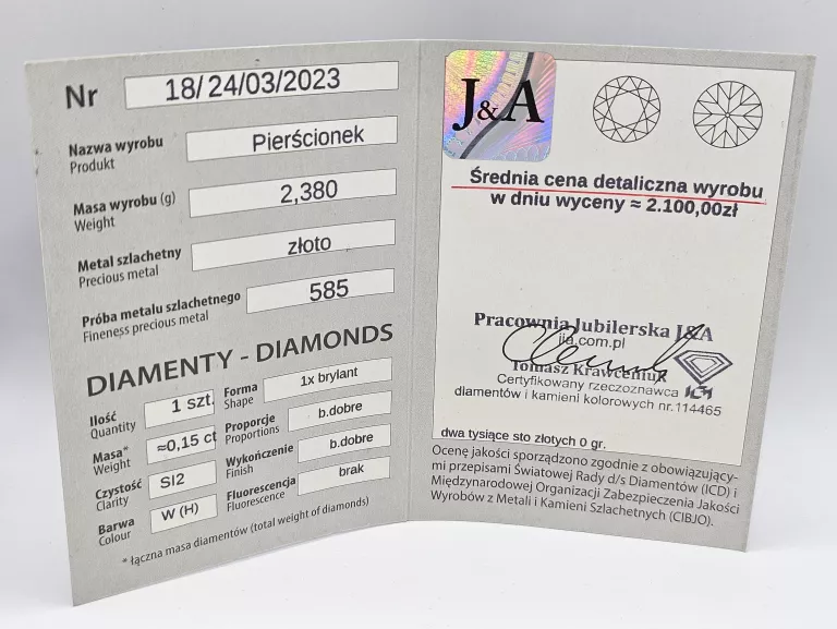 ZŁOTY PIERŚCIONEK DIAMENT - 585 14K R.14 2,38G - NA PREZENT