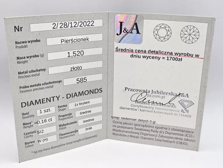 ZŁOTY PIERŚCIONEK Z DIAMENTEM - 585 14K R.13 1,52G
