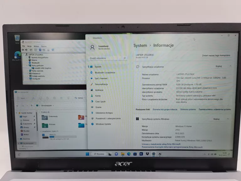 LAPTOP ACER ASPIRE 3 N20C5 A315-53 I3 8/256GB W11 + ZAS + TORBA