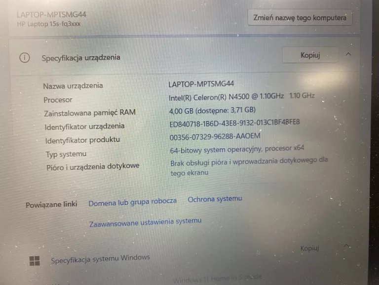 LAPTOP HP 15S-FQ3207NG NIEMIECKA KLAWIATURA