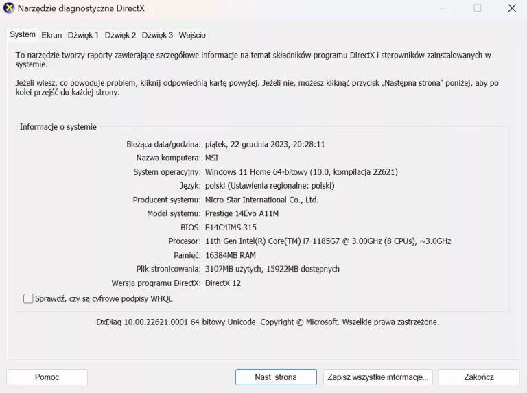 LAPTOP MSI PRESTIGE 14EVO I7-1185G7 16GB 512GB SSD IRIS XE MS-14C4 WIN11