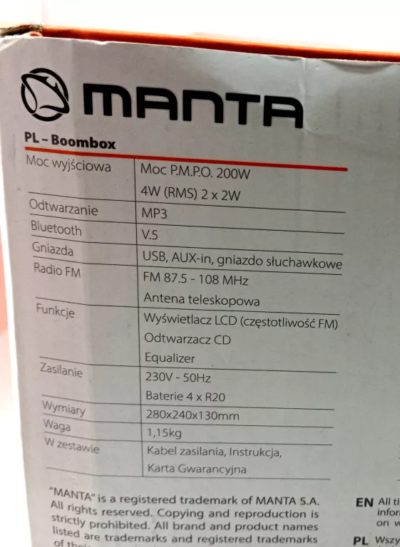 BOOMBOX MANTA BBX006 CD RADIO BLUETOOTH/GWARANCJA
