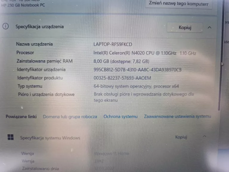 LAPTOP HP 250 G8 +MYSZKA+PODKŁADKA+TORBA