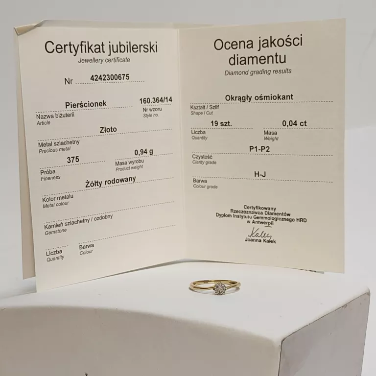 APART ZŁOTY PIERŚCIONEK Z DIAMENTEM CERTYFIKAT R.14