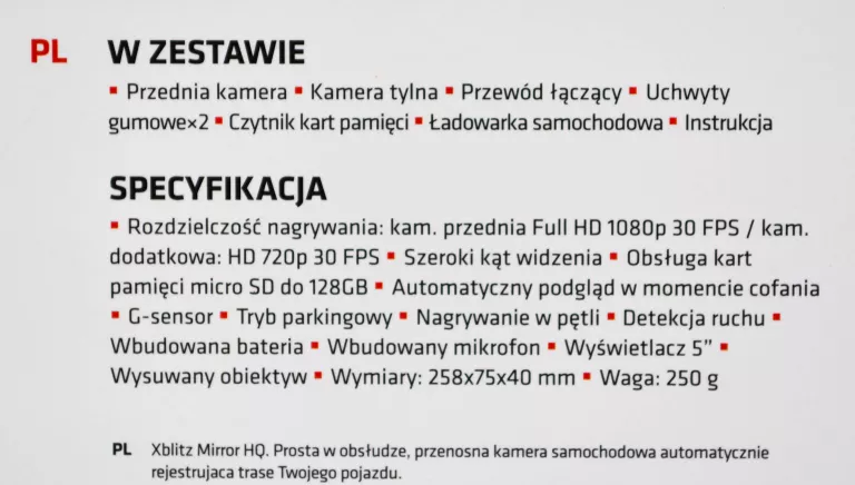 KAMERA SAMOCHODOWA LUSTERKO XBLITZ MIRROR HQ 1080P