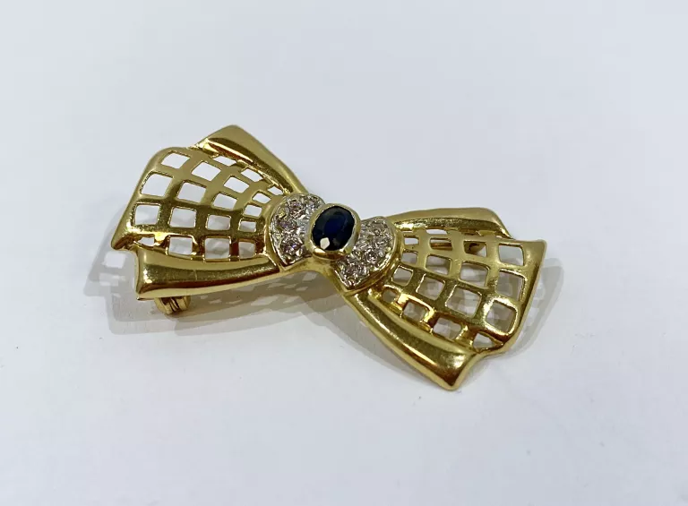 ZŁOTA BROSZKA 585 KOKARDA KOKARDKA SZAFIREM 5,12 G 585