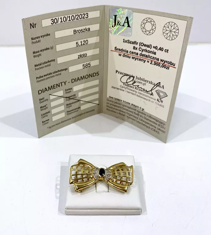 ZŁOTA BROSZKA 585 KOKARDA KOKARDKA SZAFIREM 5,12 G 585