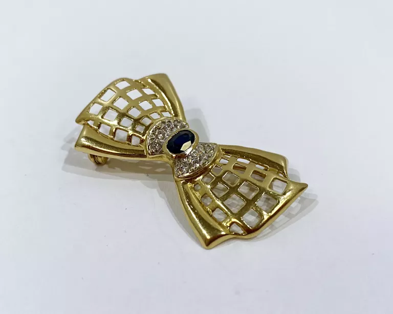 ZŁOTA BROSZKA 585 KOKARDA KOKARDKA SZAFIREM 5,12 G 585