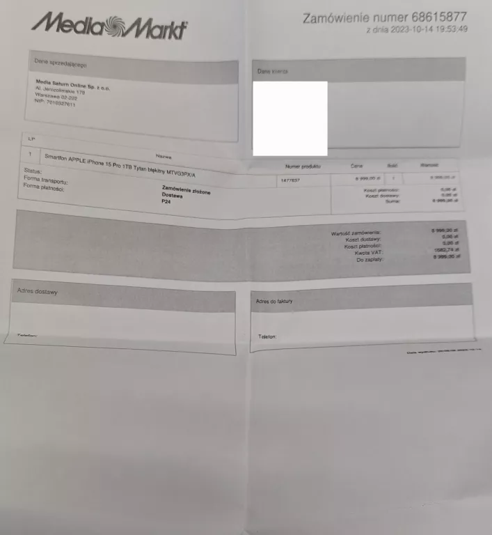 TELEFON IPHONE 15 PRO 1TB GWARANCJA