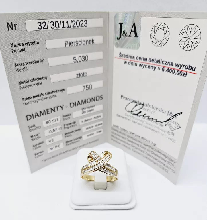 ZŁOTY PIERŚCIONEK 750 BRYLANTY BAGIET 0,62CT CERTYFIKAT