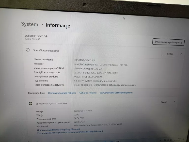 LAPTOP ACER ASPIRE 5 A515-55 GWARANCJA
