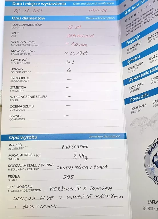 ZŁOTY PIERŚCIONEK Z TOPAZEM I BRYLANTAMI 0,19CT 'YES'