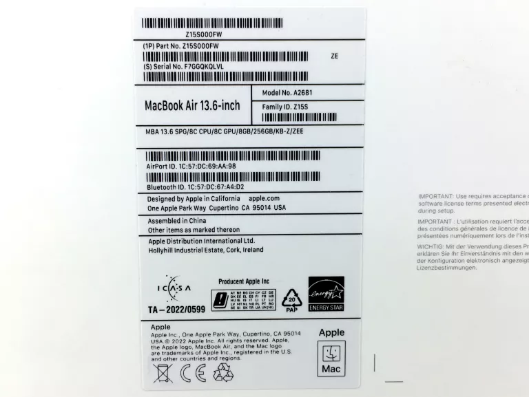 APPLE MACBOOK AIR 13.6 M2 8GB 256SSD 2022 SZARY