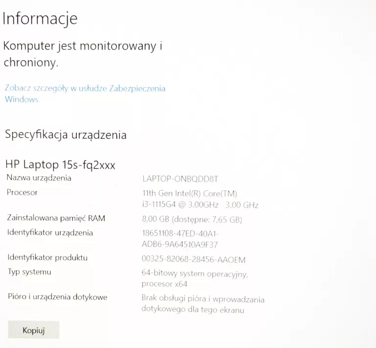 LAPTOP HP 15S-FQ2011NW 8 GB 256 GB I3
