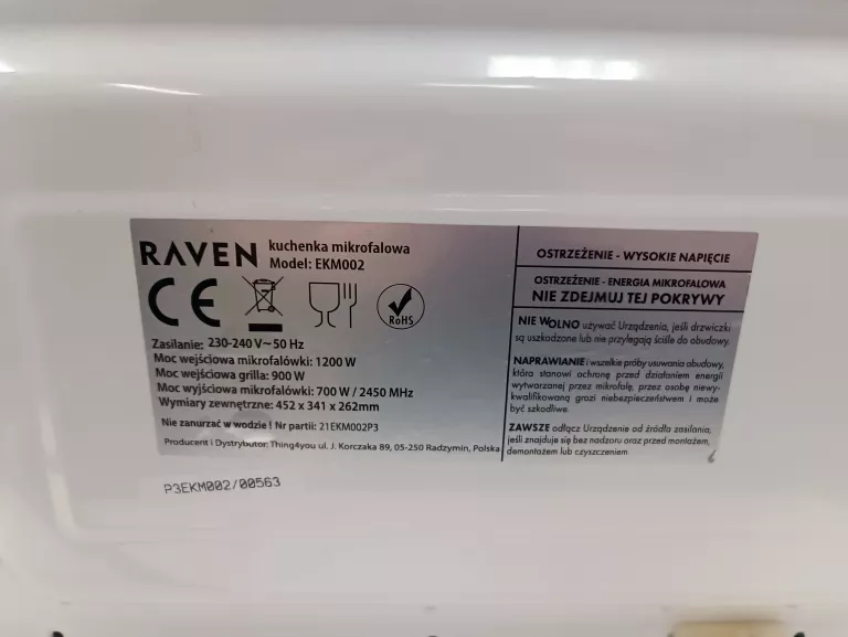 KUCHENKA MIKROFALOWA WOLNOSTOJĄCA RAVEN EKM002