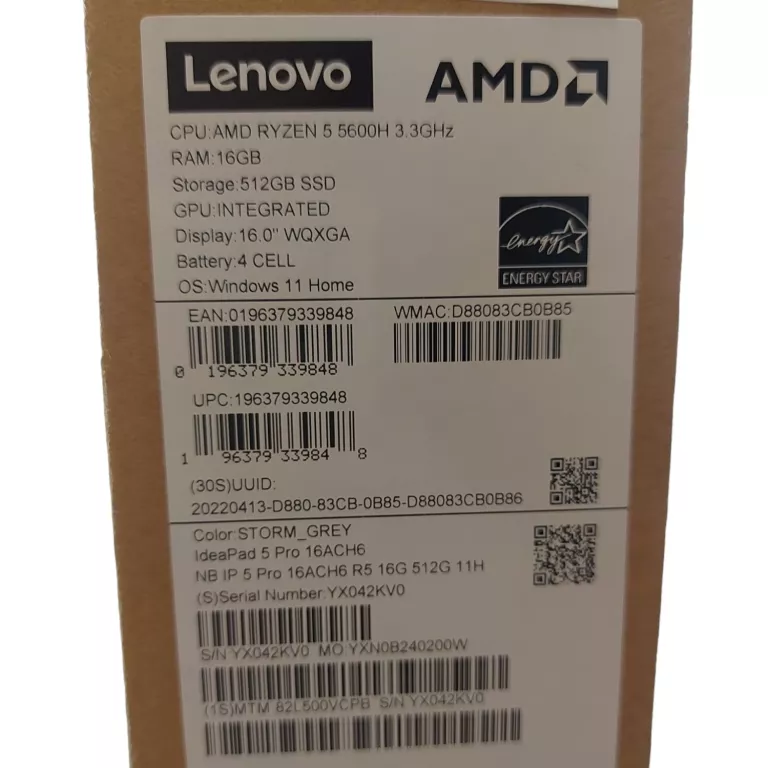 LAPTOP LENOVO IDEAPAD 5 PRO 16GB/512GB SSD