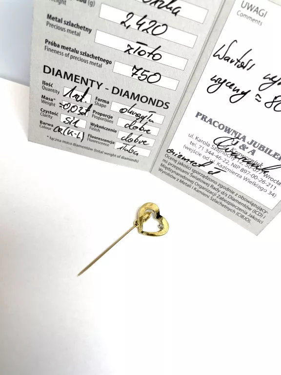ZŁOTA BROSZKA SERDUSZKO Z DIAMENTEM / 18KT