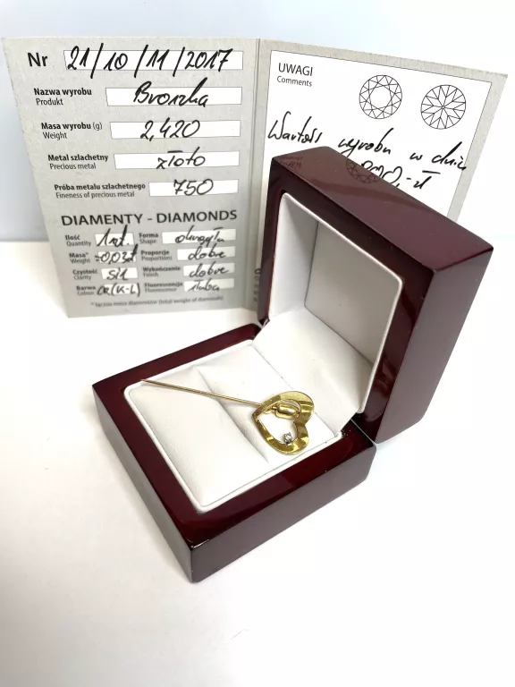 ZŁOTA BROSZKA SERDUSZKO Z DIAMENTEM / 18KT
