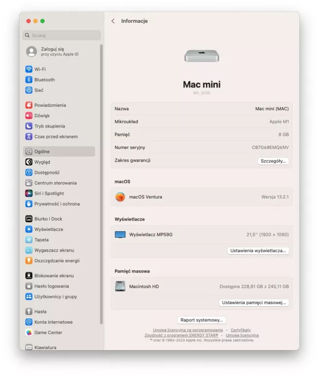 APPLE MAC MINI M1 A2348 8 GB / 256 GB