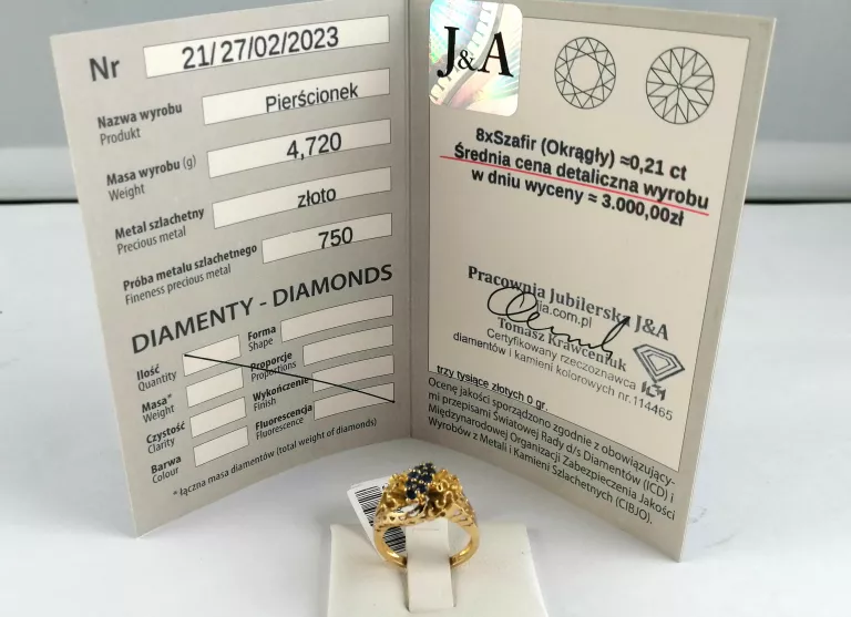 PIERŚCIONEK 750 4,72G 8 SZAFIRÓW = 0.21CT R.11,5