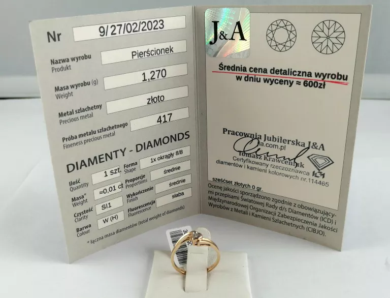 ZŁOTY PIERŚCIONEK 417 1,27G DIAMENT 0,01CT R.13