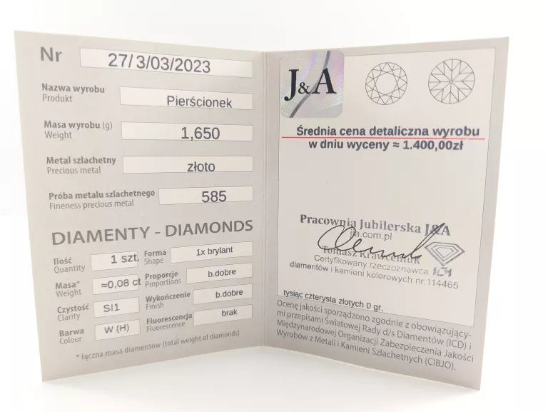 ZŁOTY PIERŚCIONEK 585 Z BRYLANTEM 0.08CT ROZMIAR 12 CERTYFIKAT DIAMENT