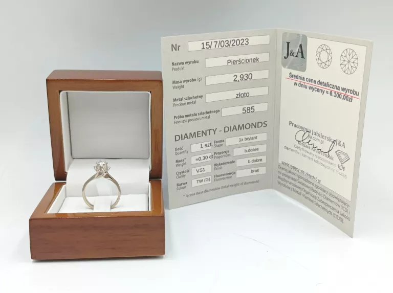 PIERŚCIONEK Z BIAŁEGO ZŁOTA Z DIAMENTEM BRYLANT 0,3CT ROZMIAR 13 CERTYFIKA
