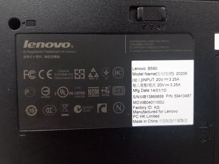 LAPTOP LENOVO B590 PENTIUM 2020M 4/222GB WIN10H